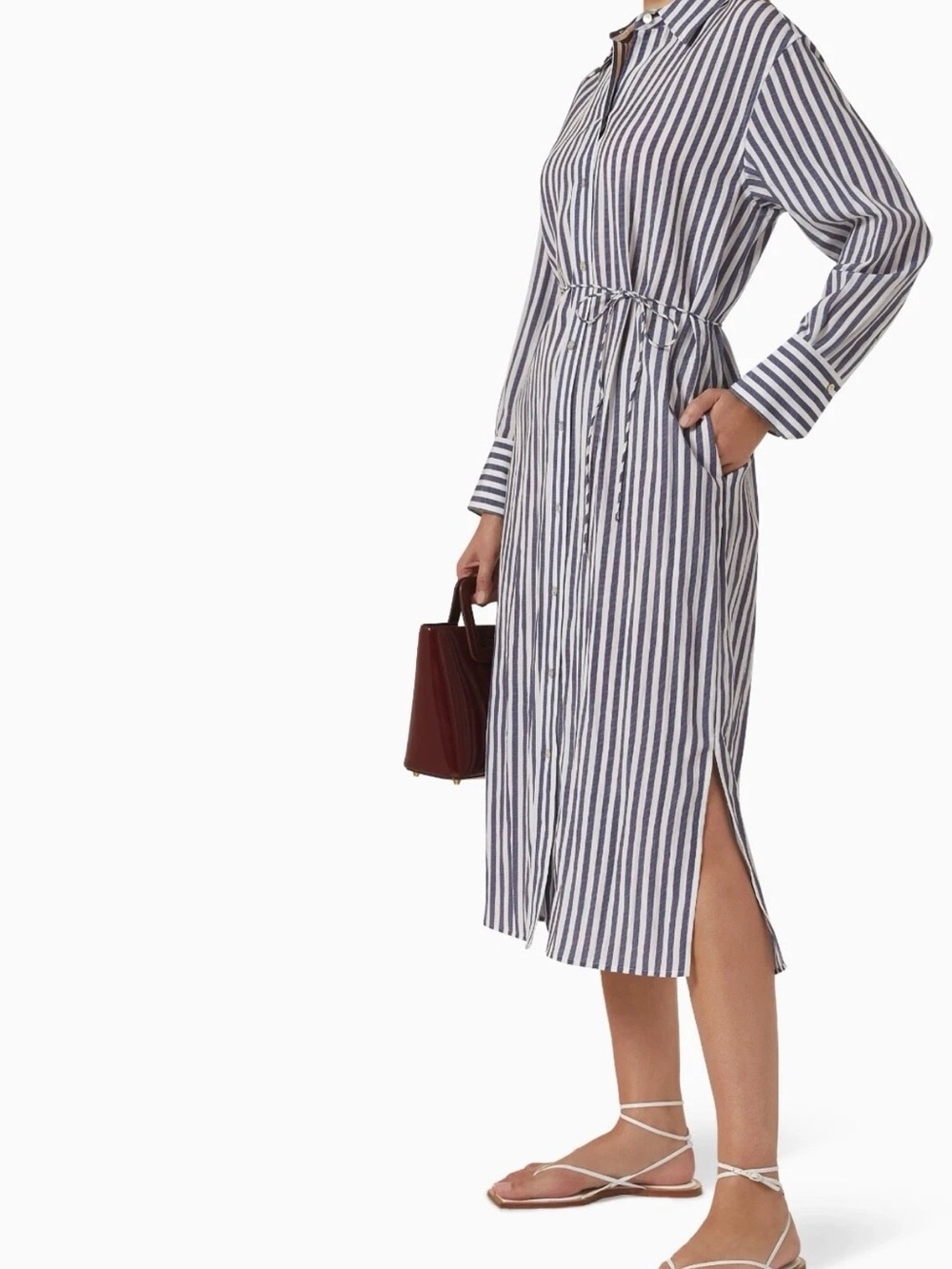 Vince Navy and White Long Sleeve Striped Shirt Dress